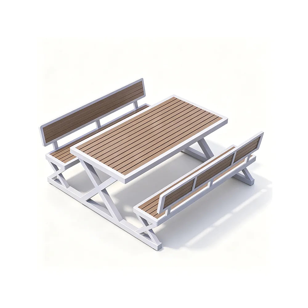 SOLARA Outdoor Picnic Table Set - 140cm Table with Backrest Benches WPC Top Metal Frame Garden Park Patio Furniture - White
