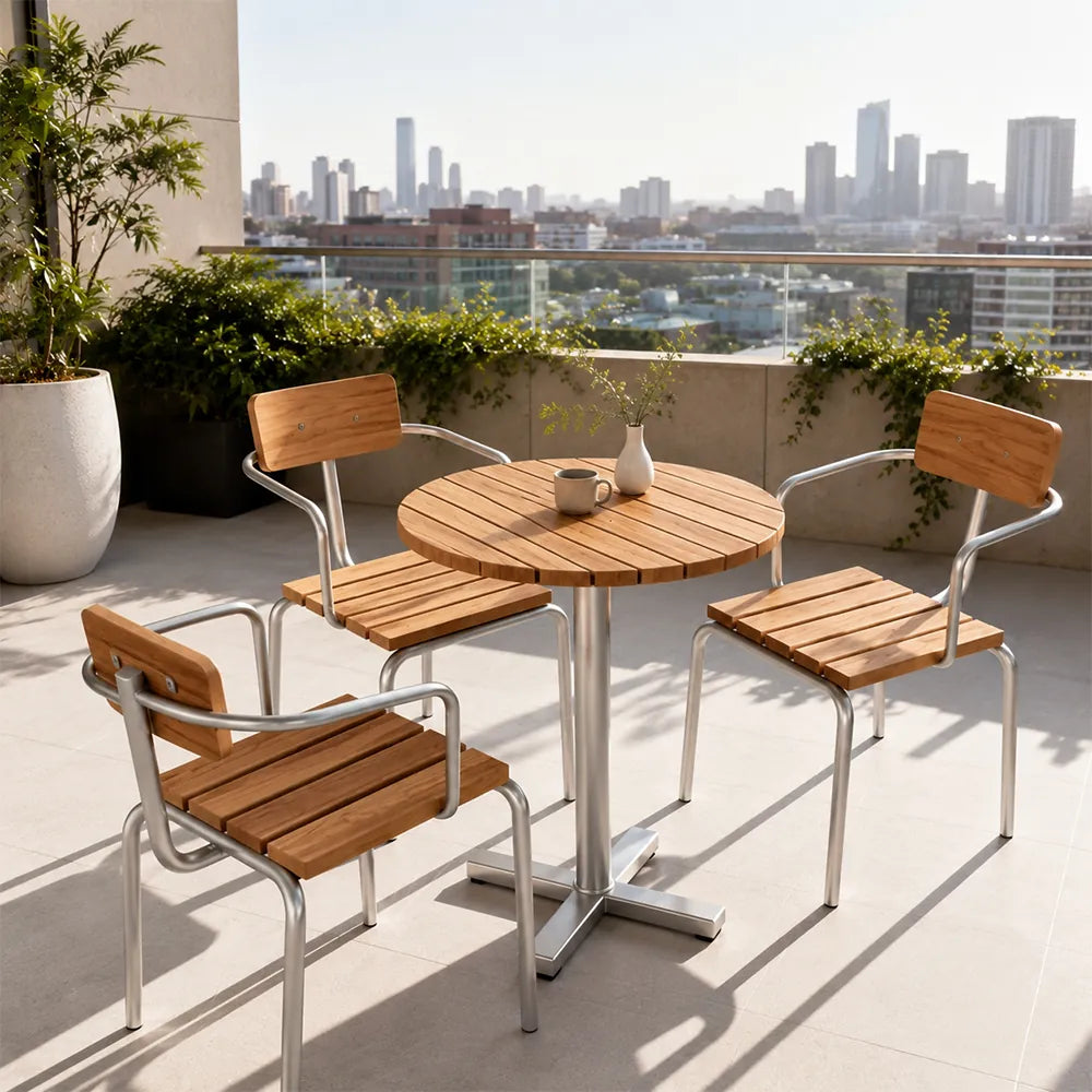 SOLARA Outdoor Bistro Set - 60cm Round WPC Table with Metal Frame Chairs Garden Patio Furniture for Cafe Hotel Leisure Spaces - Natural