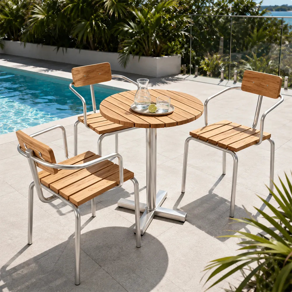 SOLARA Outdoor Bistro Set - 60cm Round WPC Table with Metal Frame Chairs Garden Patio Furniture for Cafe Hotel Leisure Spaces - Natural