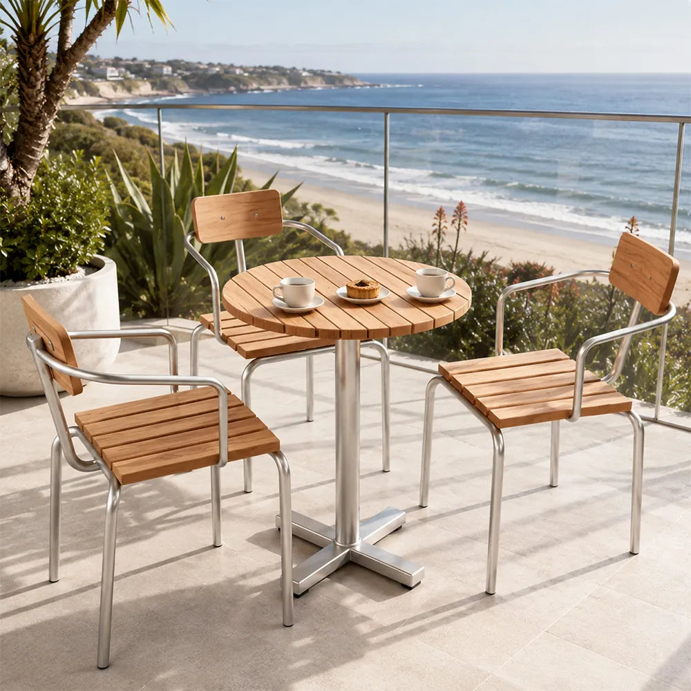 SOLARA Outdoor Bistro Set - 60cm Round WPC Table with Metal Frame Chairs Garden Patio Furniture for Cafe Hotel Leisure Spaces - Natural