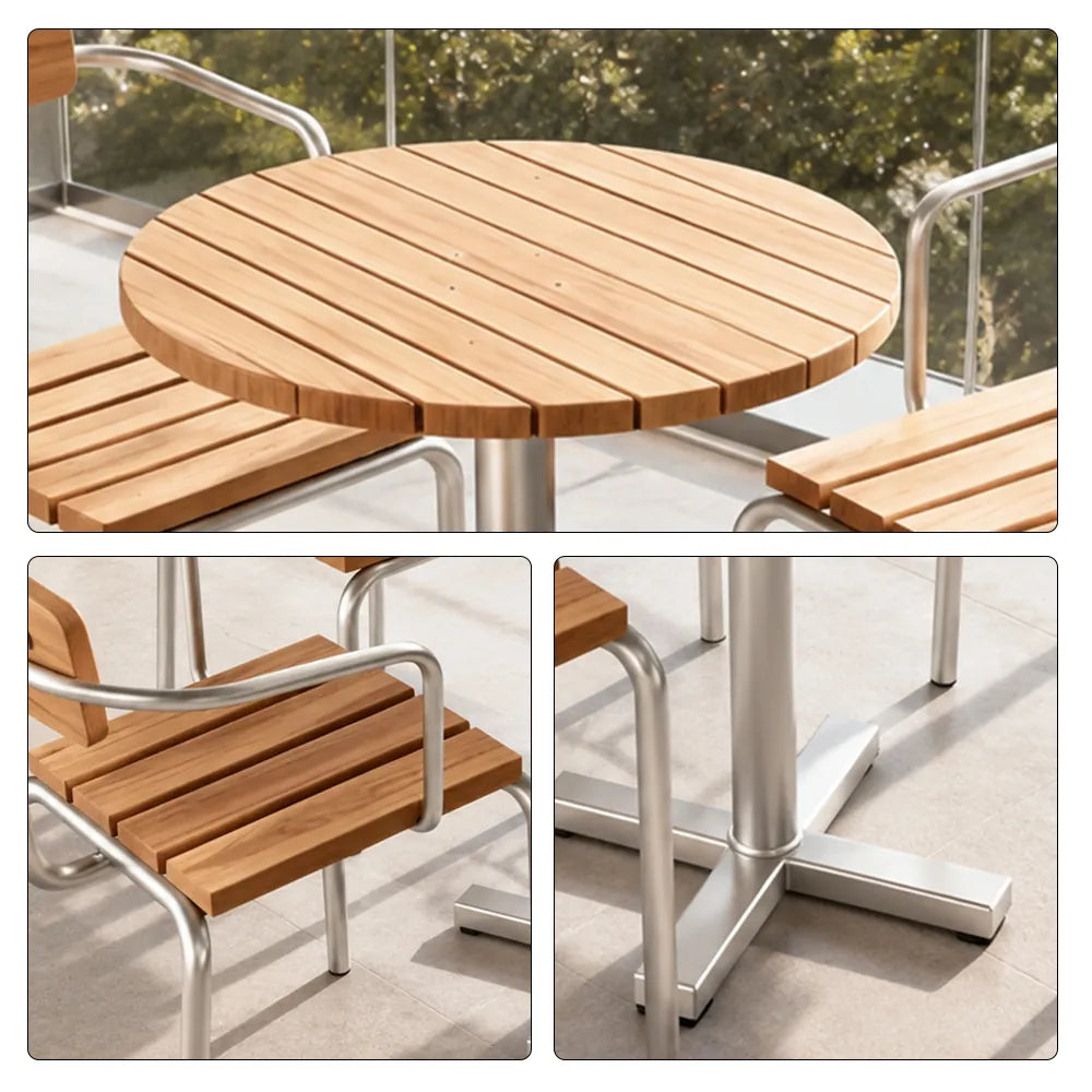 SOLARA Outdoor Bistro Set - 60cm Round WPC Table with Metal Frame Chairs Garden Patio Furniture for Cafe Hotel Leisure Spaces - Natural