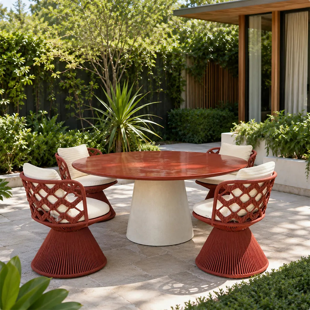 SOLARA Outdoor Dining Set - 4 Swivel Chairs with Round Table Aluminium Alloy Frame High Temperature Coating Patio Furniture - Red