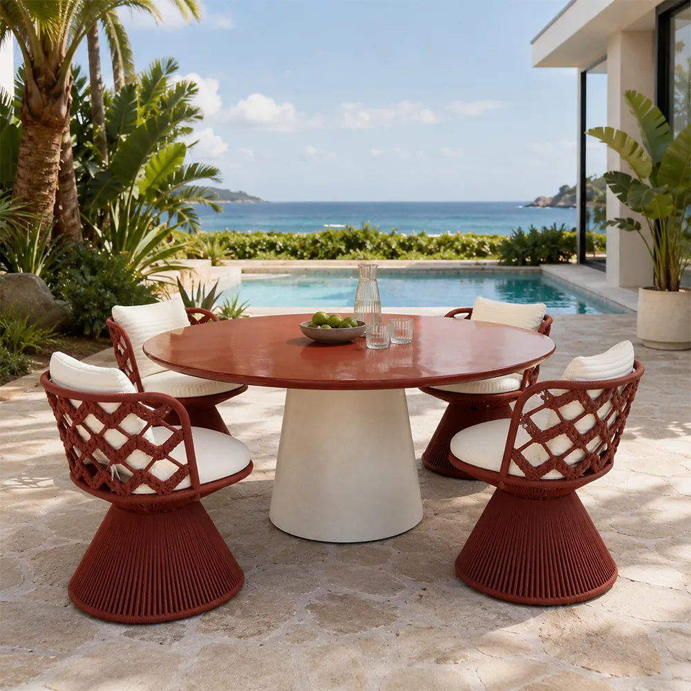 SOLARA Outdoor Dining Set - 4 Swivel Chairs with Round Table Aluminium Alloy Frame High Temperature Coating Patio Furniture - Red