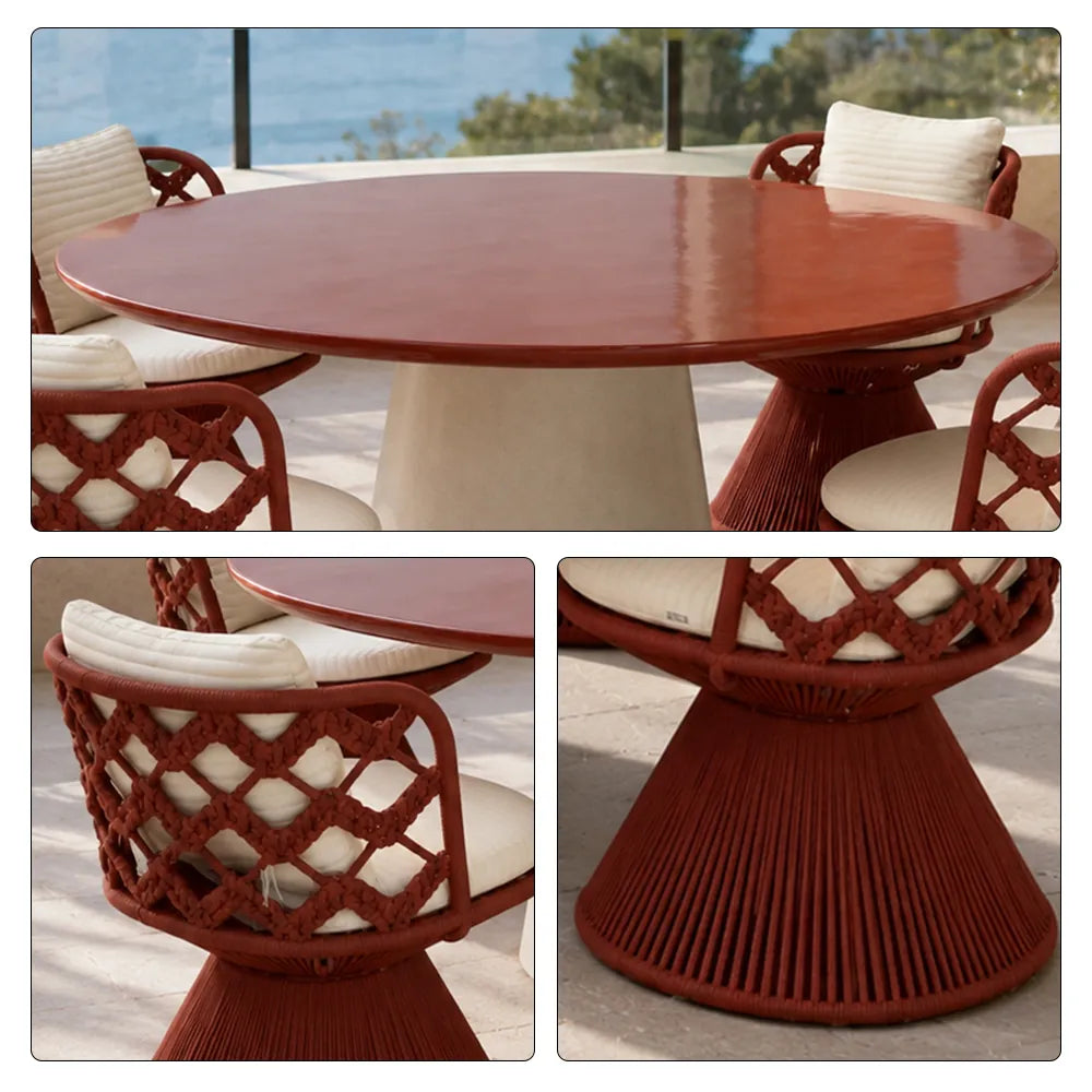 SOLARA Outdoor Dining Set - 4 Swivel Chairs with Round Table Aluminium Alloy Frame High Temperature Coating Patio Furniture - Red