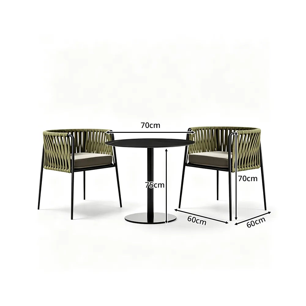 SOLARA Outdoor Bistro Set - Round Table with 2 Woven Chairs Aluminium Alloy Frame High Temperature Coating Patio Furniture - Green