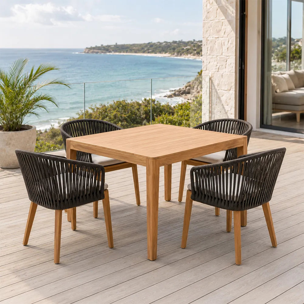 SOLARA Outdoor Dining Set - Square Table with 4 Woven Chairs Wooden Frame Patio Furniture for Garden Terrace Cafe Leisure Spaces - Natural