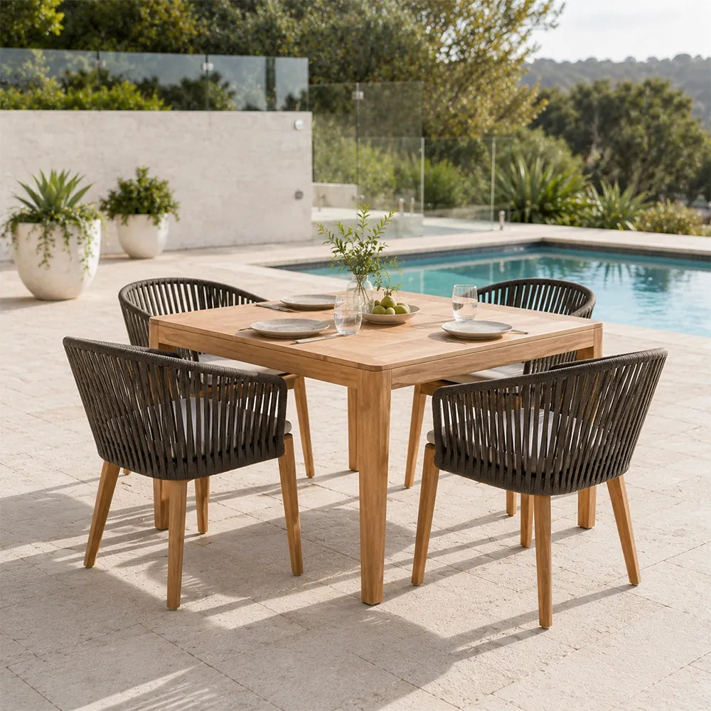 SOLARA Outdoor Dining Set - Square Table with 4 Woven Chairs Wooden Frame Patio Furniture for Garden Terrace Cafe Leisure Spaces - Natural