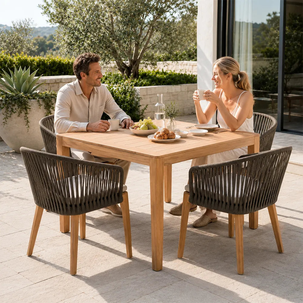 SOLARA Outdoor Dining Set - Square Table with 4 Woven Chairs Wooden Frame Patio Furniture for Garden Terrace Cafe Leisure Spaces - Natural