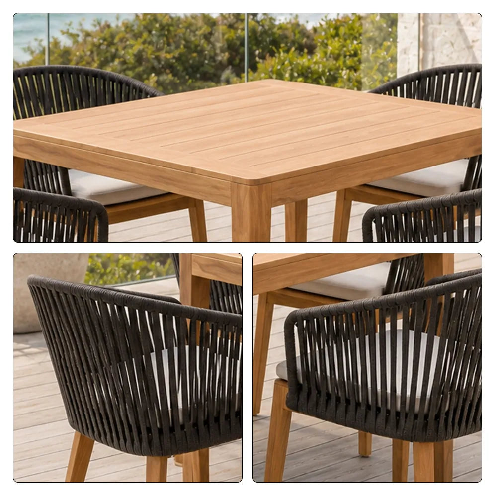 SOLARA Outdoor Dining Set - Square Table with 4 Woven Chairs Wooden Frame Patio Furniture for Garden Terrace Cafe Leisure Spaces - Natural