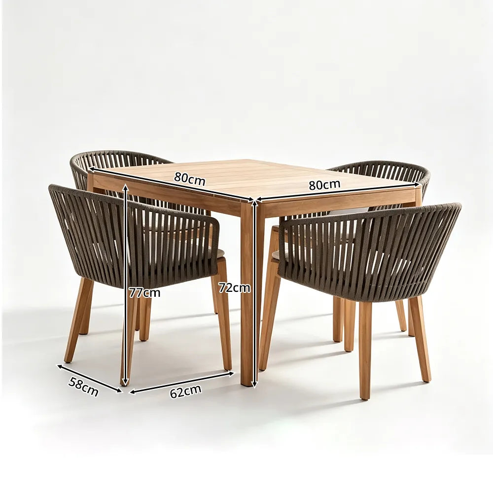 SOLARA Outdoor Dining Set - Square Table with 4 Woven Chairs Wooden Frame Patio Furniture for Garden Terrace Cafe Leisure Spaces - Natural