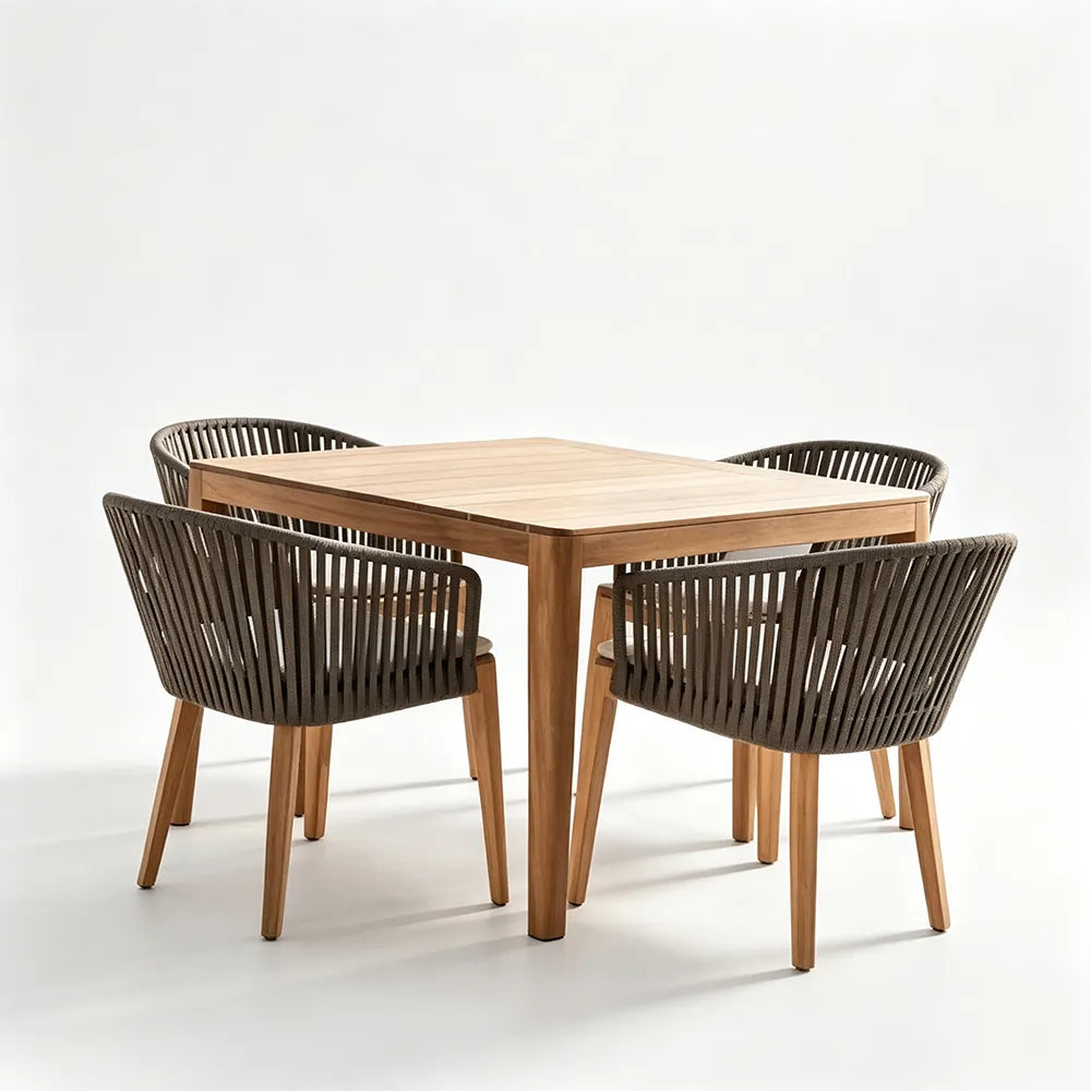 SOLARA Outdoor Dining Set - Square Table with 4 Woven Chairs Wooden Frame Patio Furniture for Garden Terrace Cafe Leisure Spaces - Natural