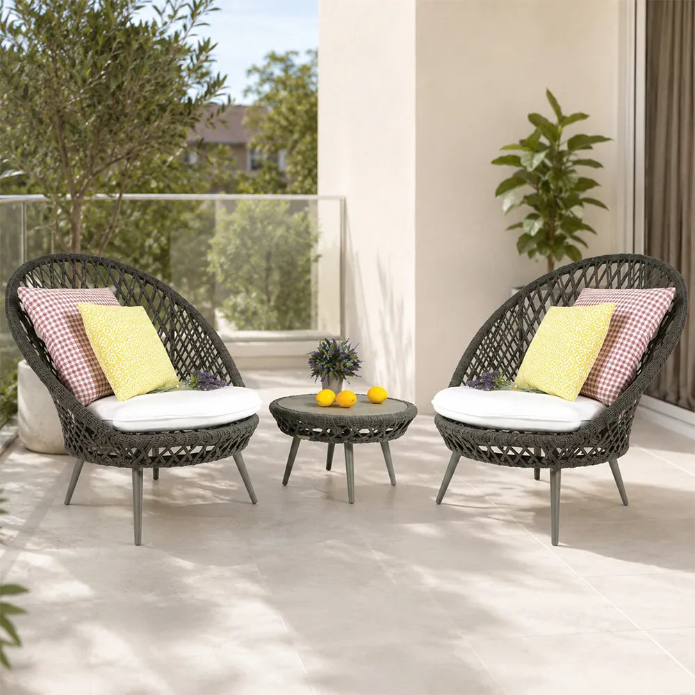 SOLARA Outdoor Bistro Set - 2 Woven Chairs with Coffee Table Aluminium Alloy Frame High Temperature Coating Patio Furniture - Black