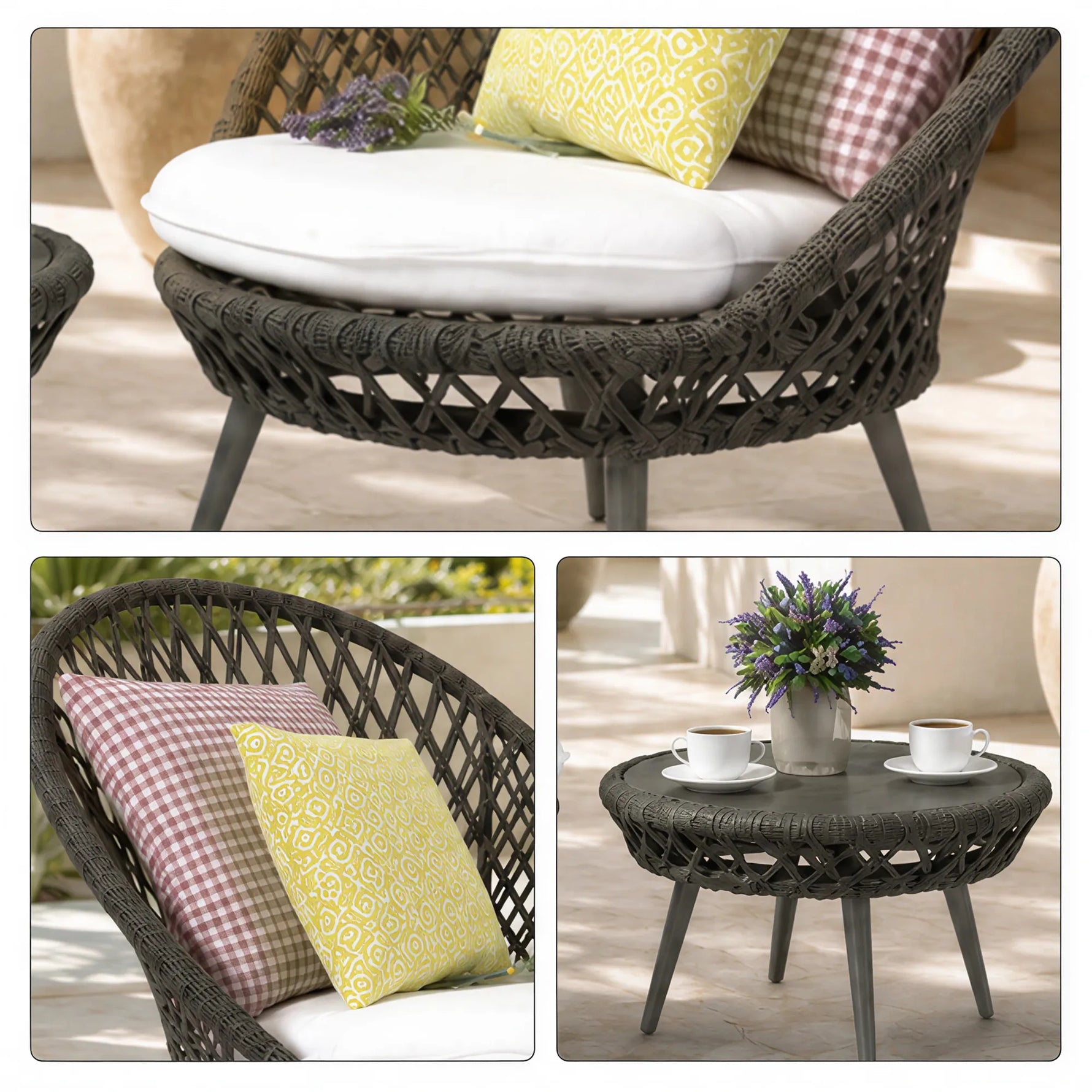 SOLARA Outdoor Bistro Set - 2 Woven Chairs with Coffee Table Aluminium Alloy Frame High Temperature Coating Patio Furniture - Black