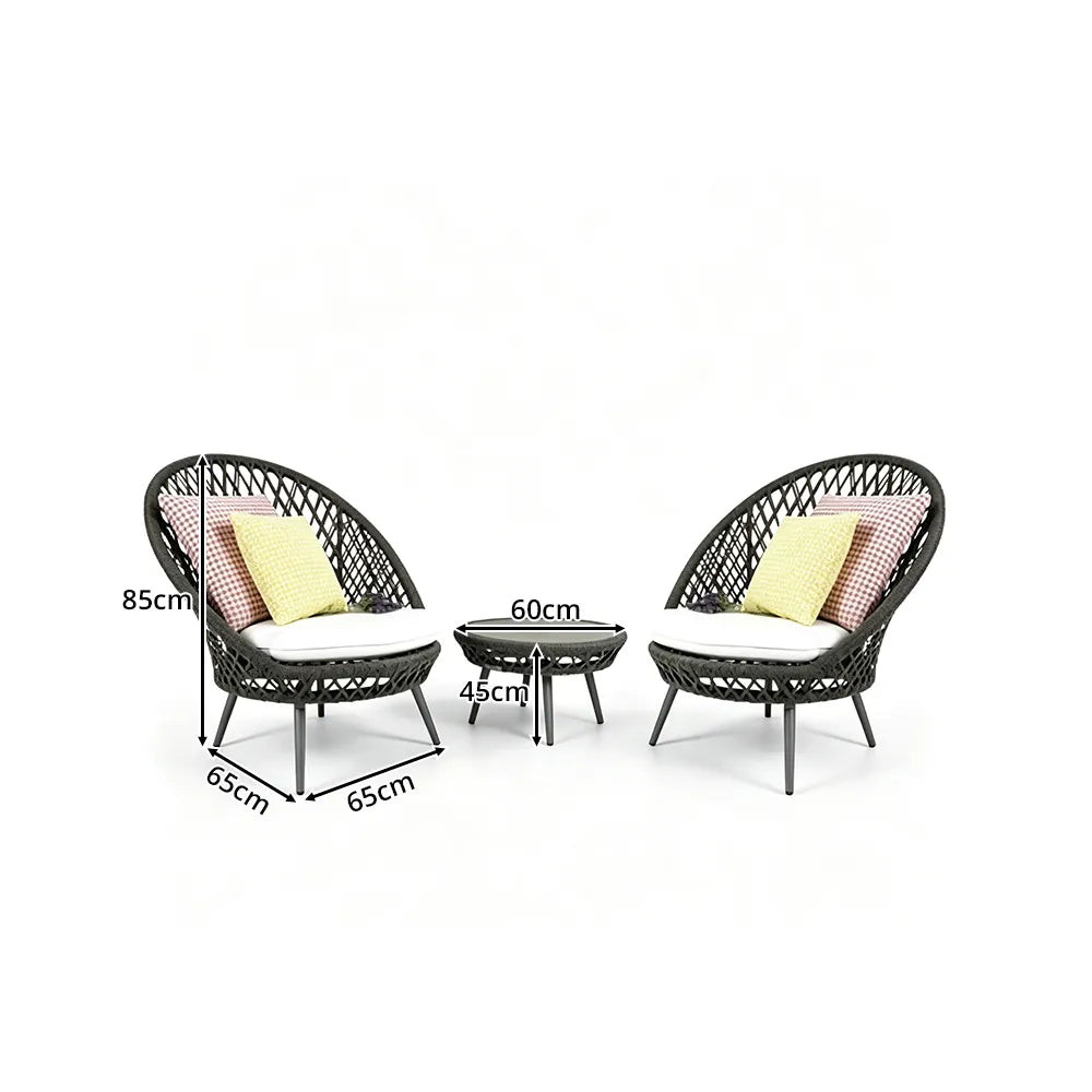 SOLARA Outdoor Bistro Set - 2 Woven Chairs with Coffee Table Aluminium Alloy Frame High Temperature Coating Patio Furniture - Black