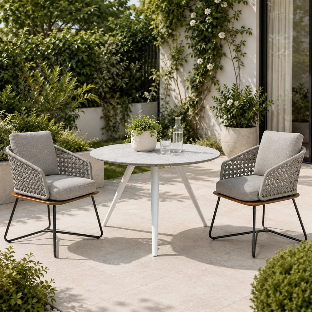 SOLARA Outdoor Bistro Set - Round Table with 2 Woven Chairs Modern Patio Furniture for Garden Balcony Cafe Leisure Spaces - Grey