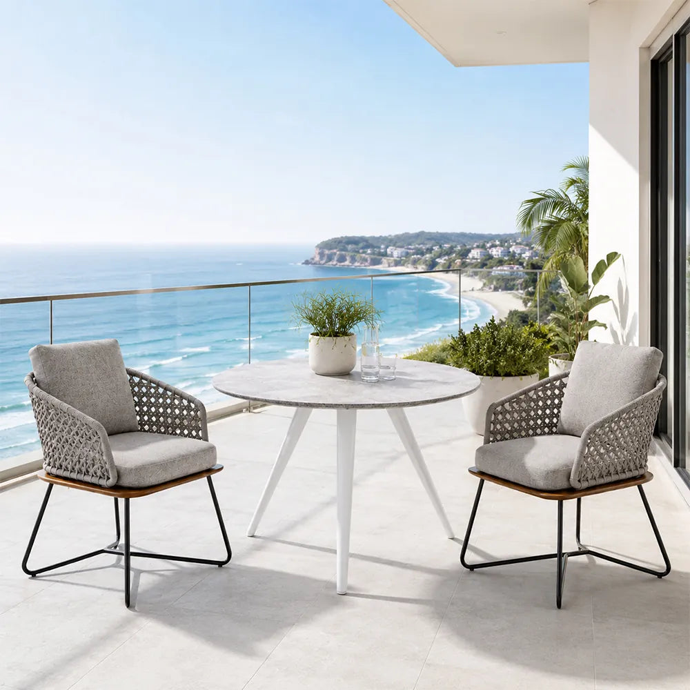 SOLARA Outdoor Bistro Set - Round Table with 2 Woven Chairs Modern Patio Furniture for Garden Balcony Cafe Leisure Spaces - Grey