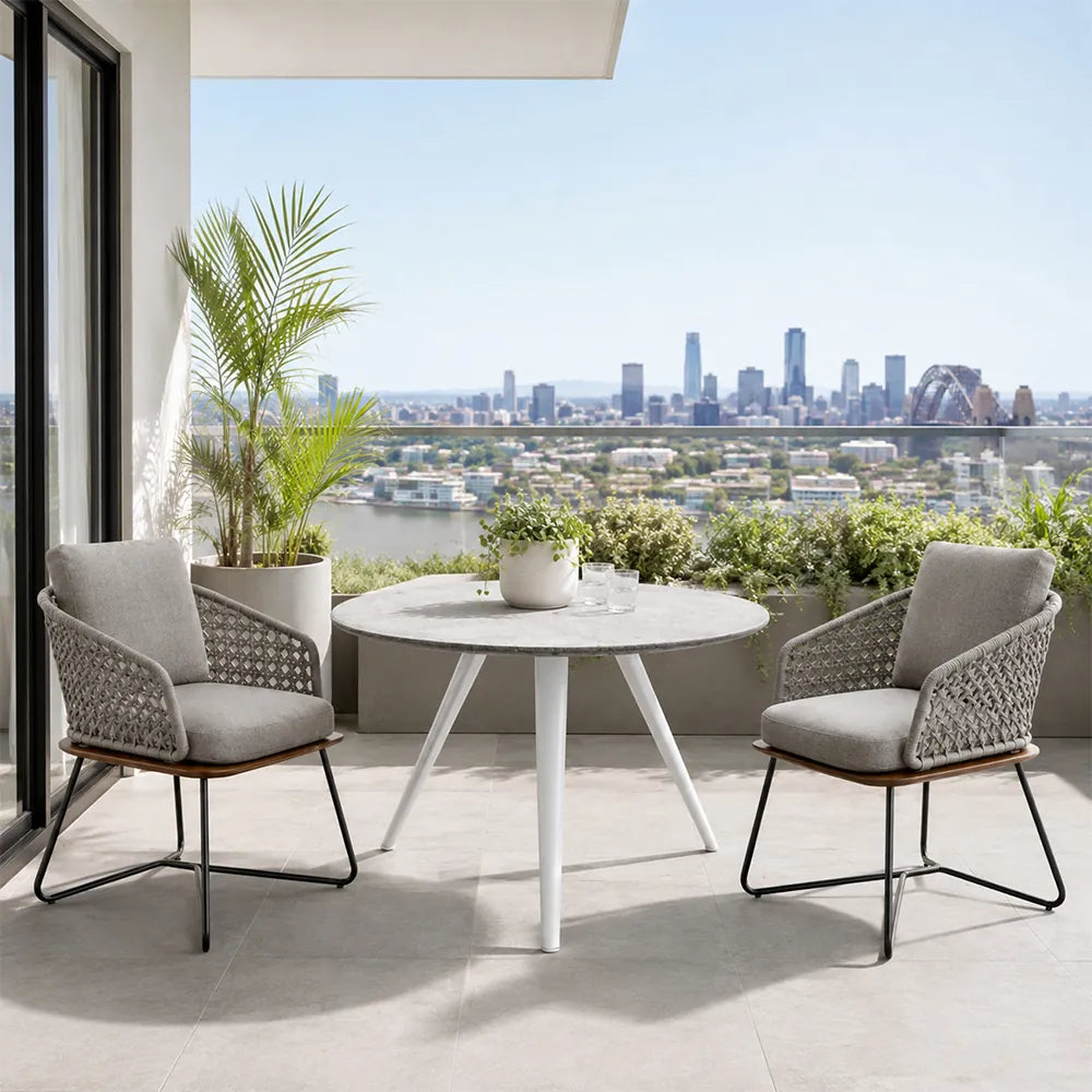 SOLARA Outdoor Bistro Set - Round Table with 2 Woven Chairs Modern Patio Furniture for Garden Balcony Cafe Leisure Spaces - Grey