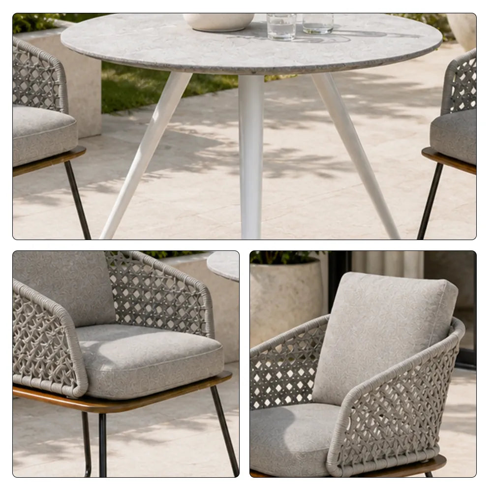 SOLARA Outdoor Bistro Set - Round Table with 2 Woven Chairs Modern Patio Furniture for Garden Balcony Cafe Leisure Spaces - Grey