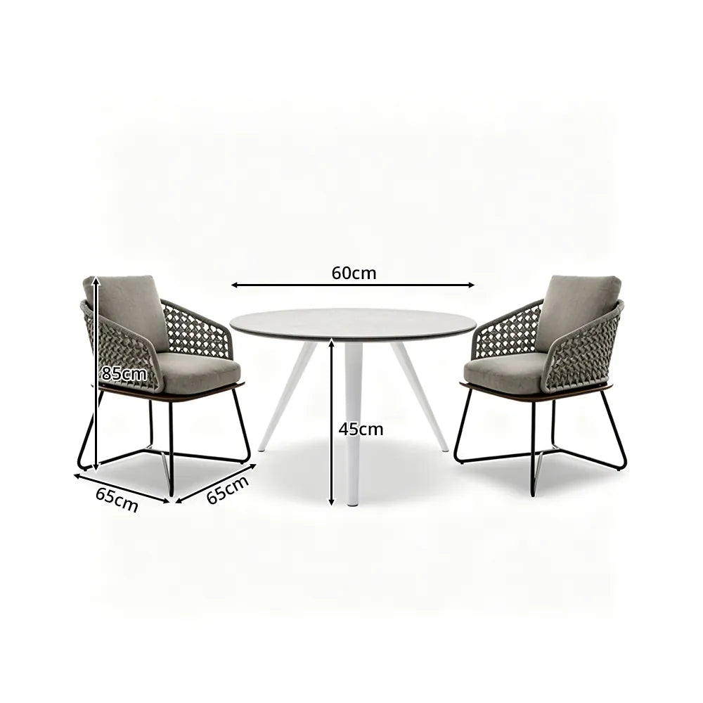 SOLARA Outdoor Bistro Set - Round Table with 2 Woven Chairs Modern Patio Furniture for Garden Balcony Cafe Leisure Spaces - Grey