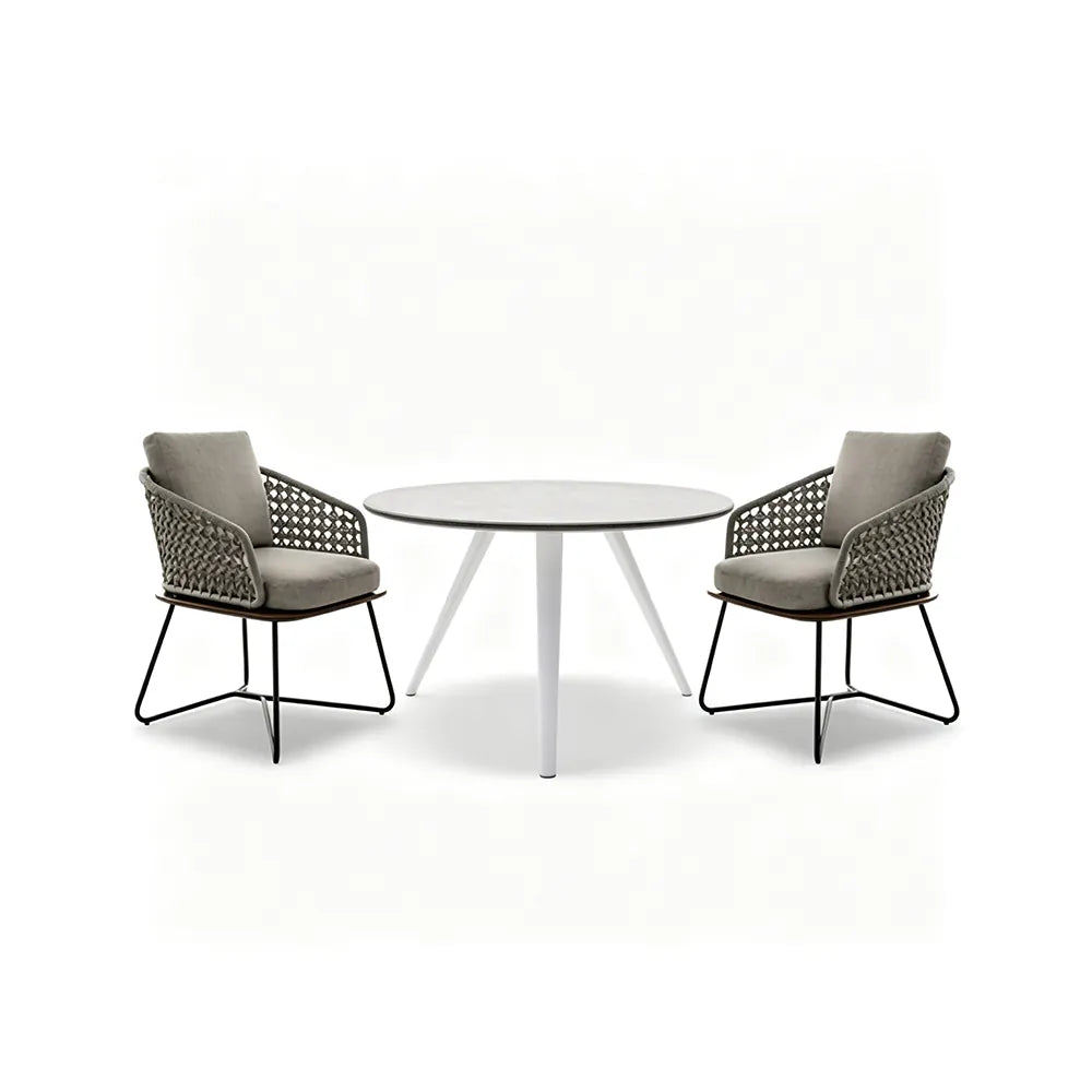 SOLARA Outdoor Bistro Set - Round Table with 2 Woven Chairs Modern Patio Furniture for Garden Balcony Cafe Leisure Spaces - Grey