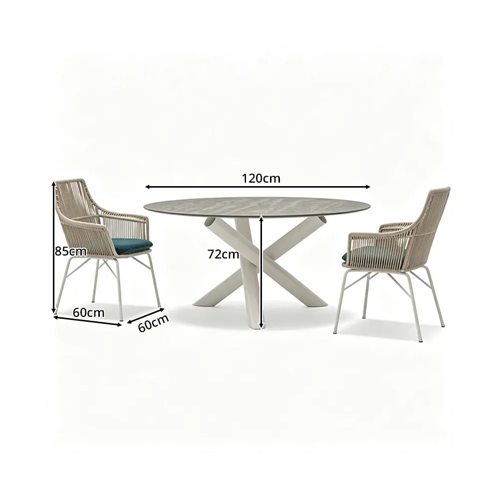 SOLARA Outdoor Bistro Set - Round Table with 2 Woven Chairs Aluminium Alloy Frame High Temperature Coating Patio Furniture - White