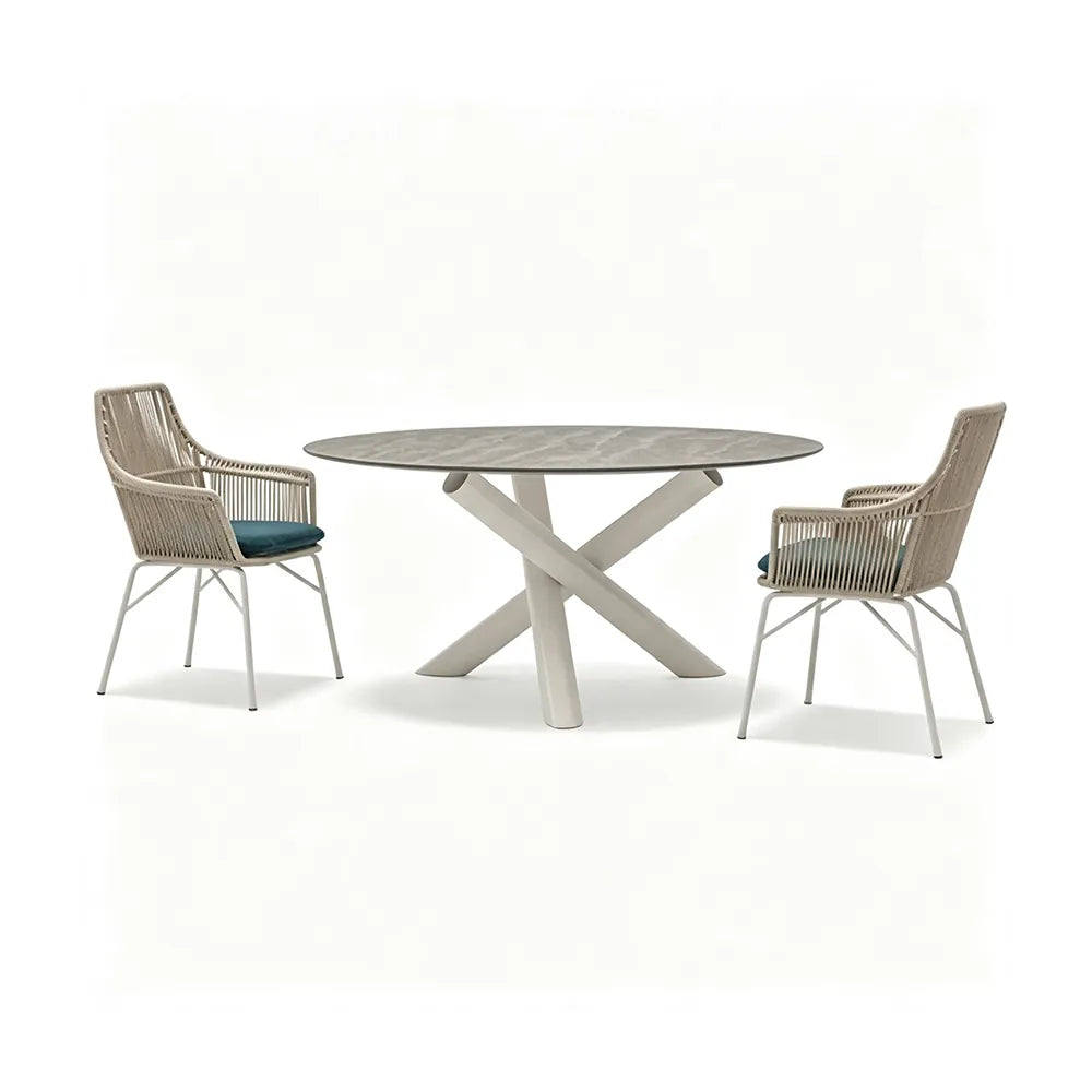 SOLARA Outdoor Bistro Set - Round Table with 2 Woven Chairs Aluminium Alloy Frame High Temperature Coating Patio Furniture - White