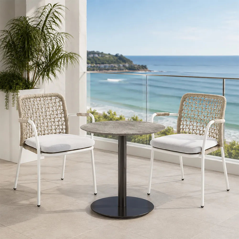 SOLARA Outdoor Bistro Set - 2 Woven Chairs with Coffee Table Aluminium Alloy Frame High Temperature Coating Patio Furniture - Cream