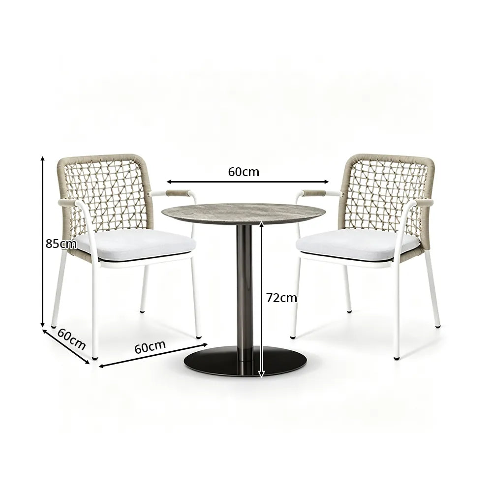 SOLARA Outdoor Bistro Set - 2 Woven Chairs with Coffee Table Aluminium Alloy Frame High Temperature Coating Patio Furniture - Cream