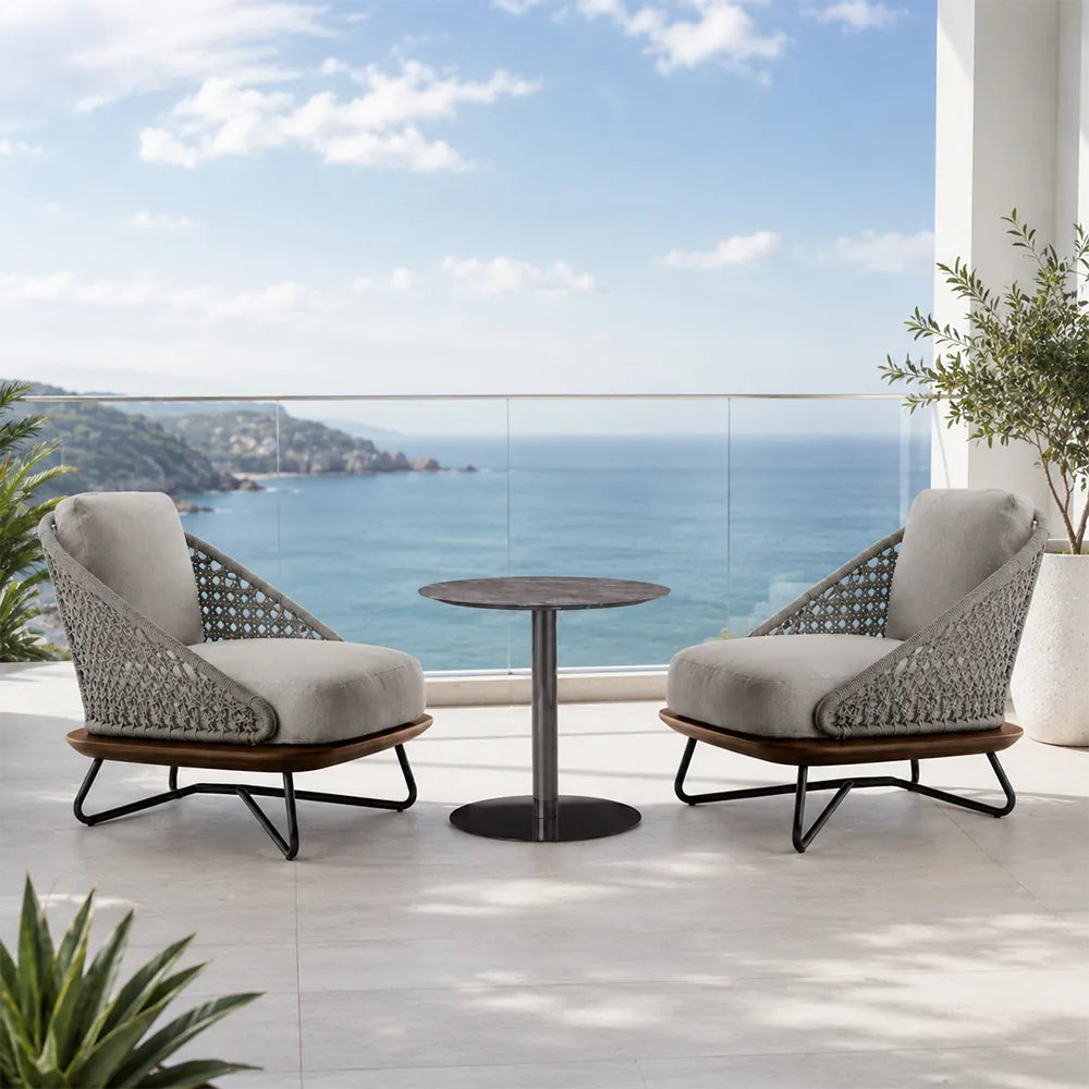SOLARA Outdoor Lounge Set - 2 Woven Armchairs with Round Side Table Modern Patio Furniture for Garden Balcony Leisure Spaces - Grey