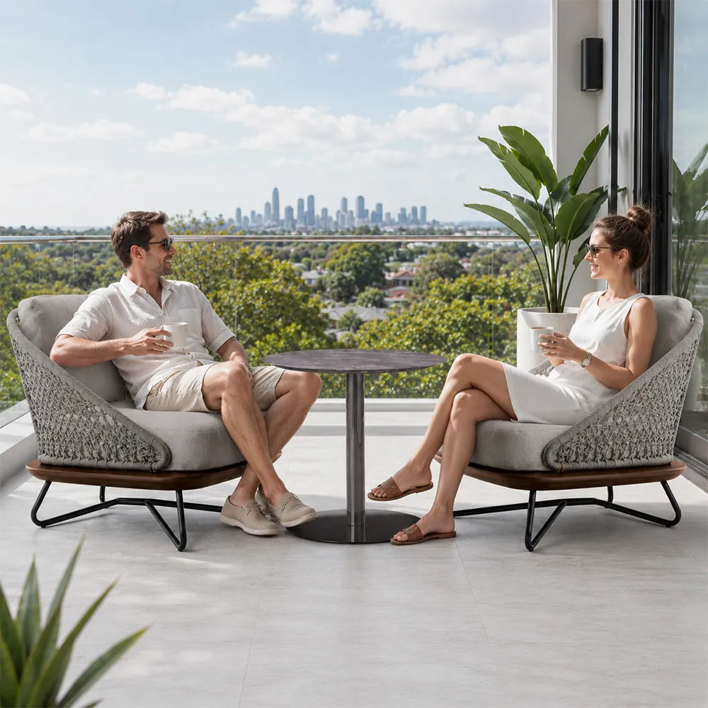 SOLARA Outdoor Lounge Set - 2 Woven Armchairs with Round Side Table Modern Patio Furniture for Garden Balcony Leisure Spaces - Grey