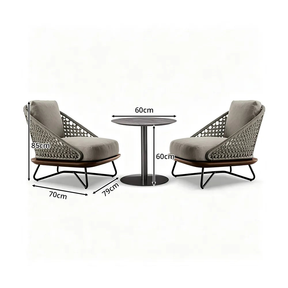 SOLARA Outdoor Lounge Set - 2 Woven Armchairs with Round Side Table Modern Patio Furniture for Garden Balcony Leisure Spaces - Grey
