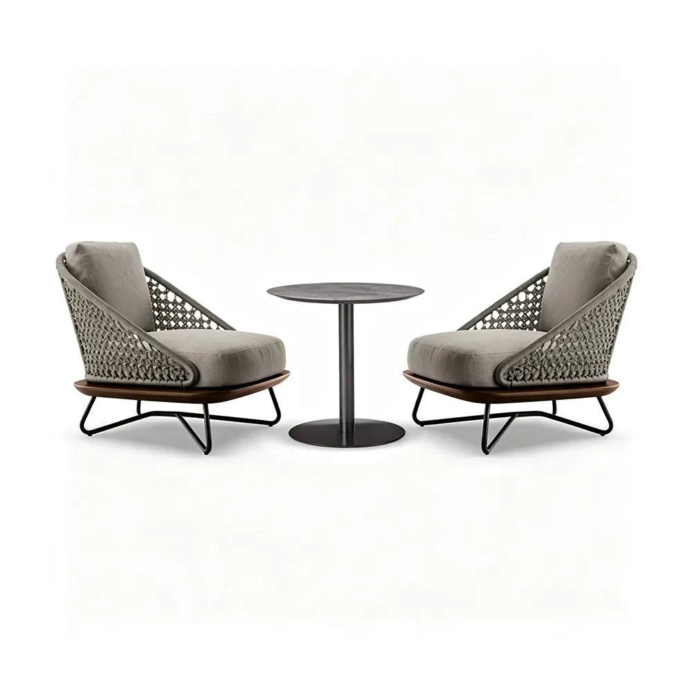 SOLARA Outdoor Lounge Set - 2 Woven Armchairs with Round Side Table Modern Patio Furniture for Garden Balcony Leisure Spaces - Grey