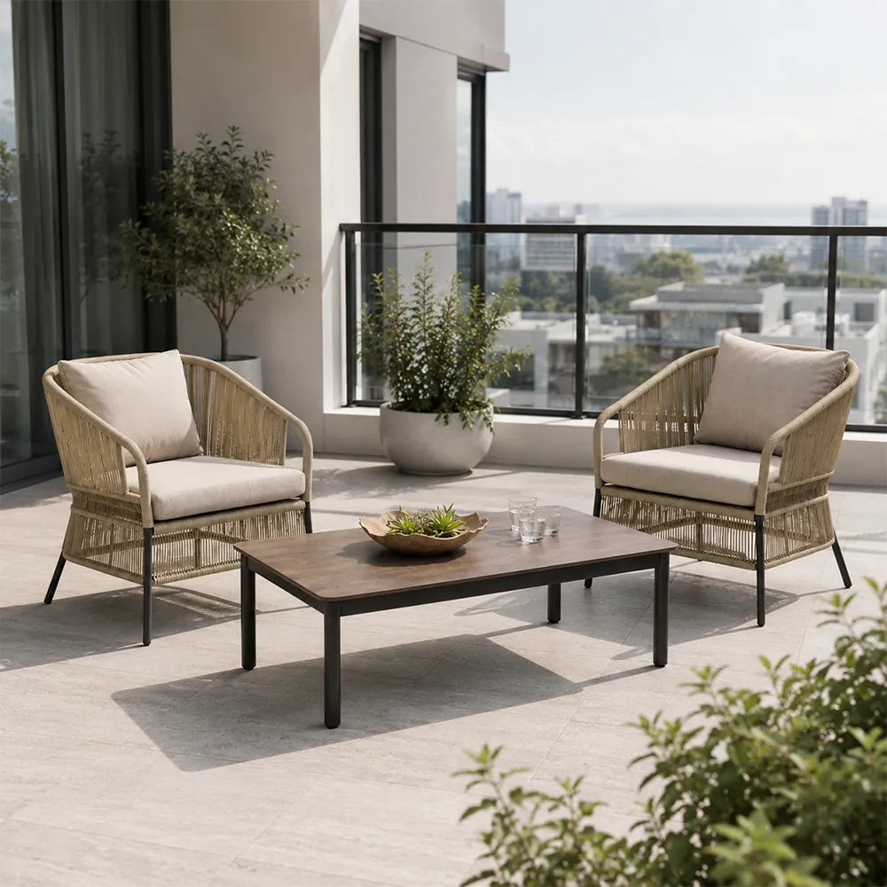 SOLARA Outdoor Lounge Set - 2 Woven Chairs with Long Coffee Table Aluminium Alloy Frame High Temperature Coating Patio Furniture - Beige