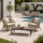 SOLARA Outdoor Lounge Set - 2 Woven Chairs with Long Coffee Table Aluminium Alloy Frame High Temperature Coating Patio Furniture - Beige