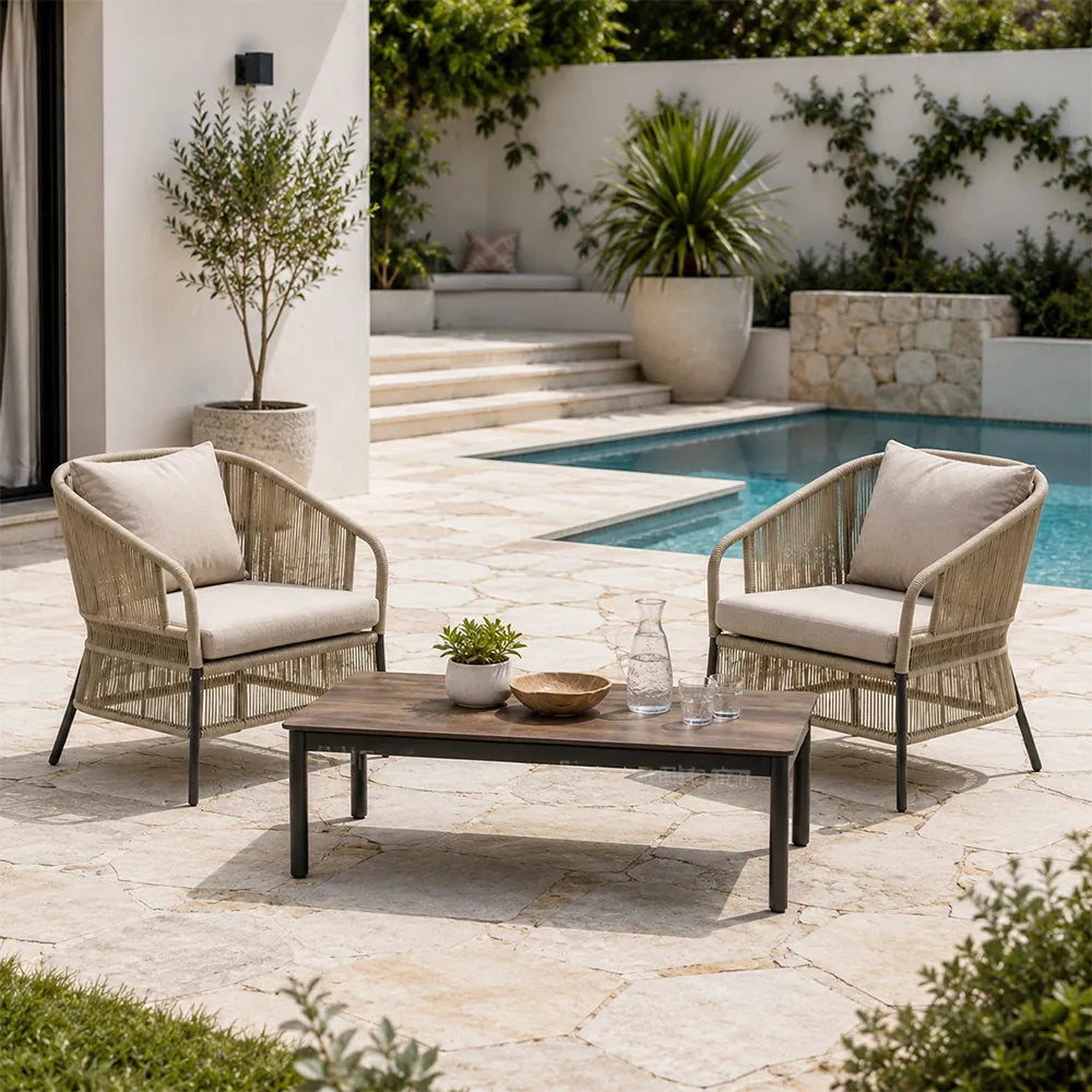 SOLARA Outdoor Lounge Set - 2 Woven Chairs with Long Coffee Table Aluminium Alloy Frame High Temperature Coating Patio Furniture - Beige