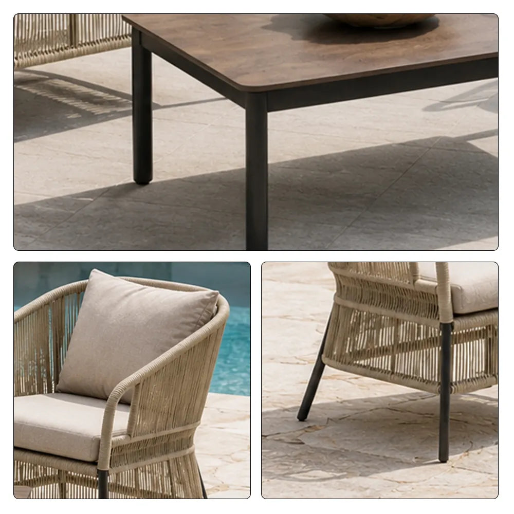SOLARA Outdoor Lounge Set - 2 Woven Chairs with Long Coffee Table Aluminium Alloy Frame High Temperature Coating Patio Furniture - Beige