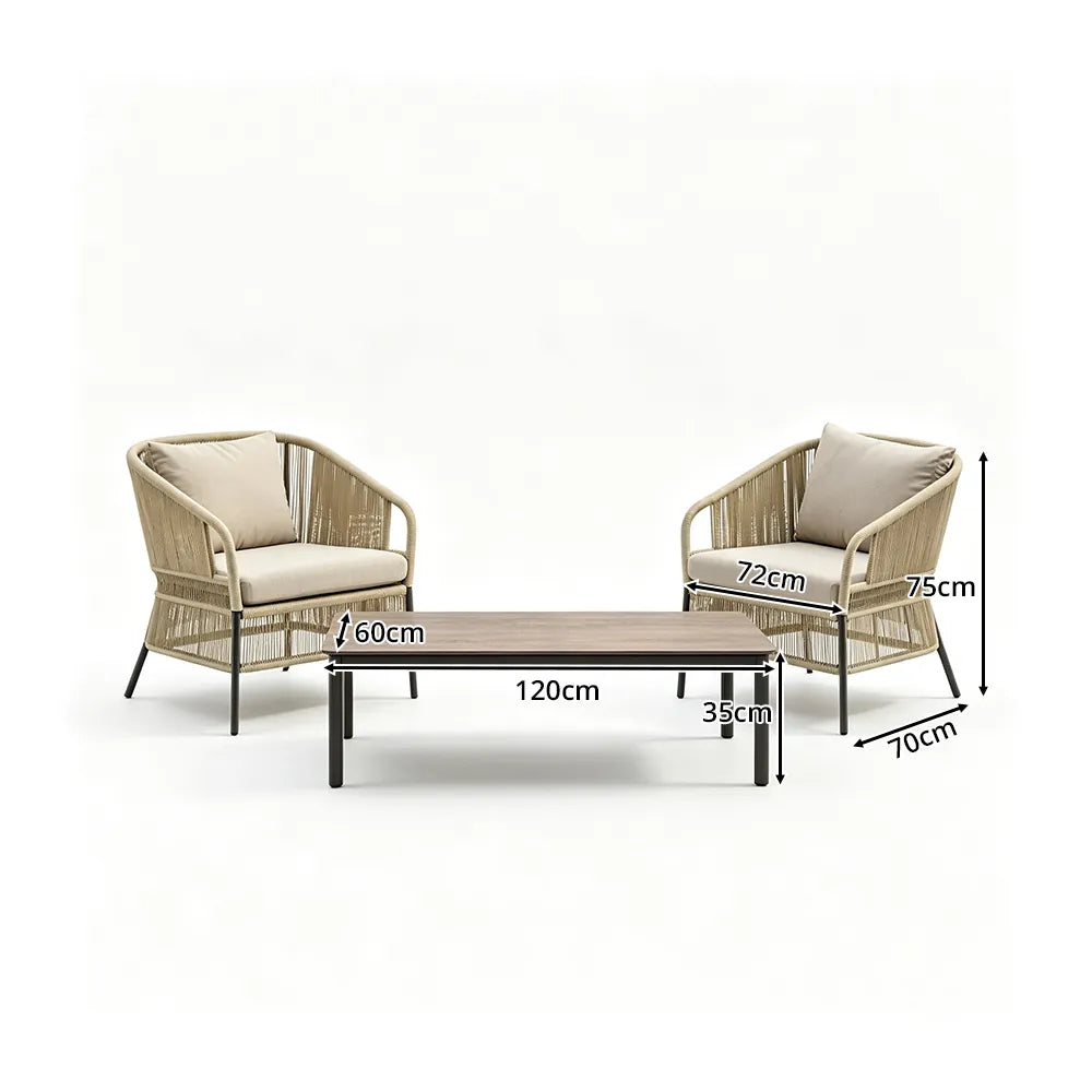 SOLARA Outdoor Lounge Set - 2 Woven Chairs with Long Coffee Table Aluminium Alloy Frame High Temperature Coating Patio Furniture - Beige