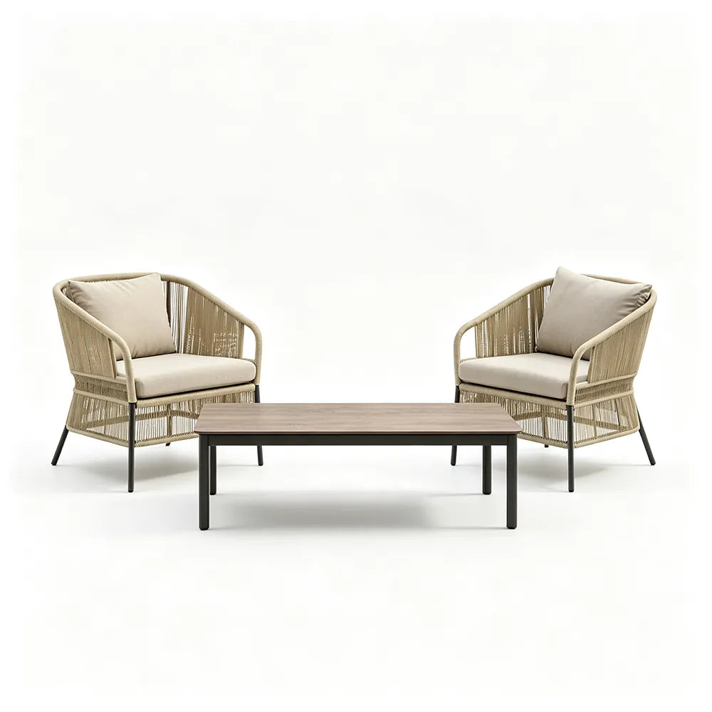 SOLARA Outdoor Lounge Set - 2 Woven Chairs with Long Coffee Table Aluminium Alloy Frame High Temperature Coating Patio Furniture - Beige