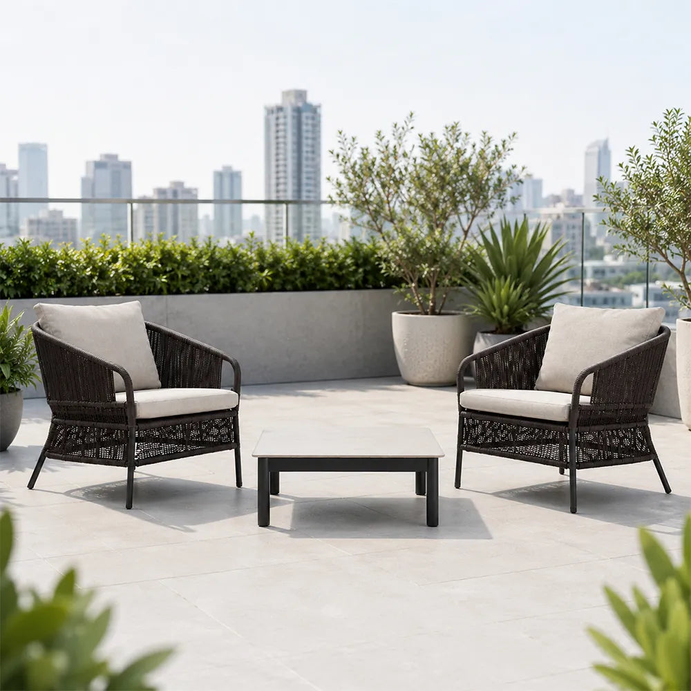 SOLARA Outdoor Lounge Set - 2 Woven Chairs with Square Coffee Table Aluminium Alloy Frame High Temperature Coating Patio Furniture - Black
