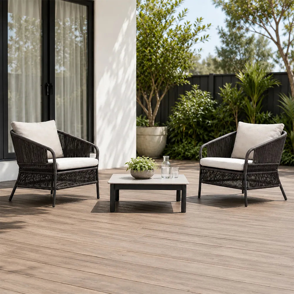 SOLARA Outdoor Lounge Set - 2 Woven Chairs with Square Coffee Table Aluminium Alloy Frame High Temperature Coating Patio Furniture - Black