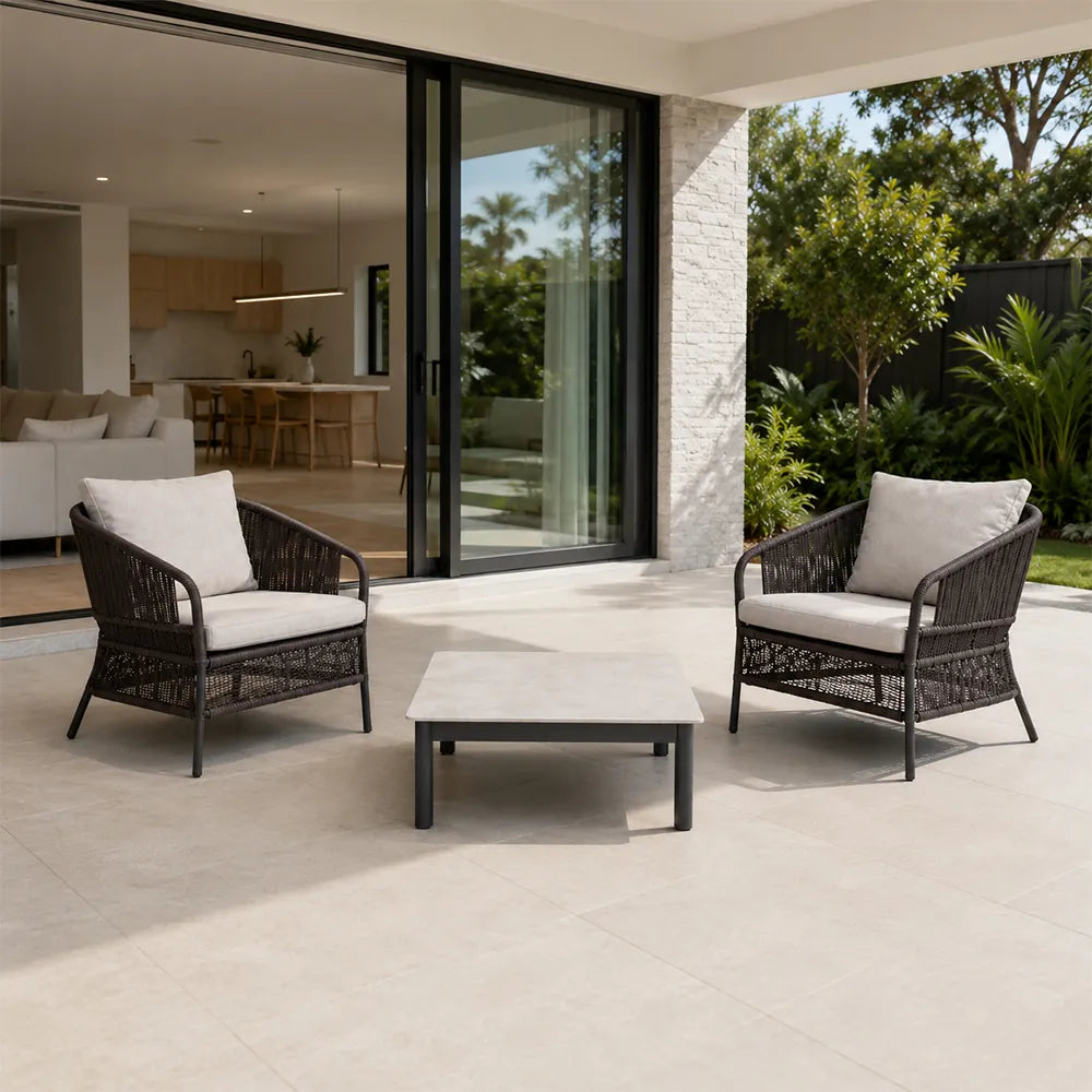 SOLARA Outdoor Lounge Set - 2 Woven Chairs with Square Coffee Table Aluminium Alloy Frame High Temperature Coating Patio Furniture - Black