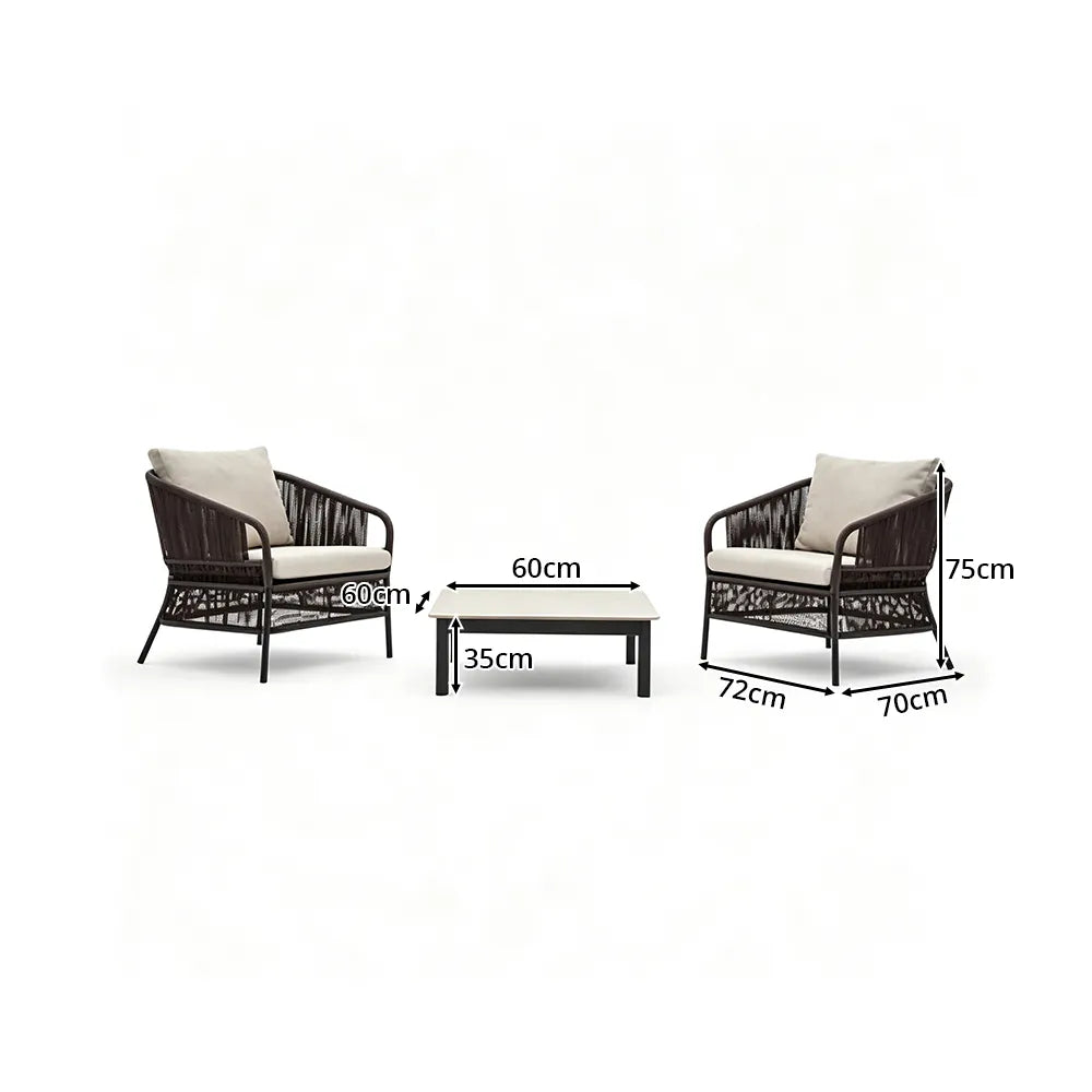 SOLARA Outdoor Lounge Set - 2 Woven Chairs with Square Coffee Table Aluminium Alloy Frame High Temperature Coating Patio Furniture - Black