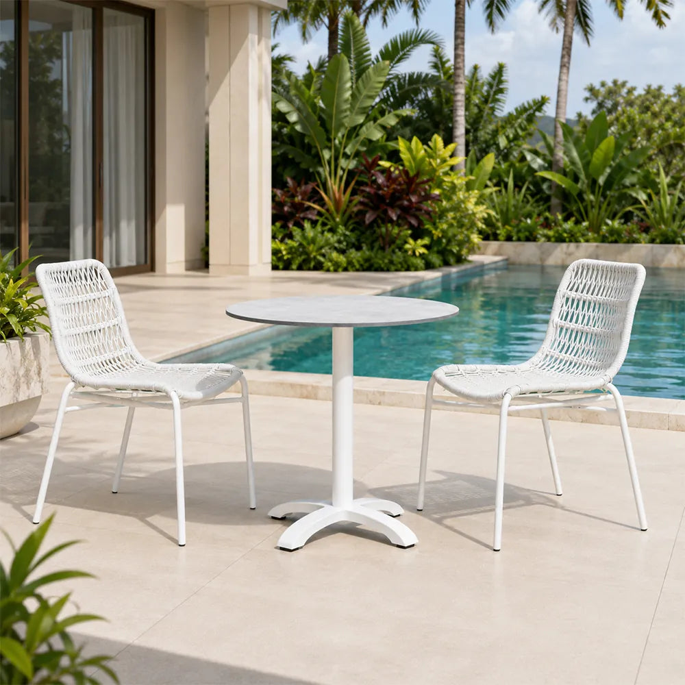 SOLARA Outdoor Bistro Set - 2 Armless Woven Chairs with Round Sintered Stone Table Modern Patio Furniture for Garden Leisure Spaces - White