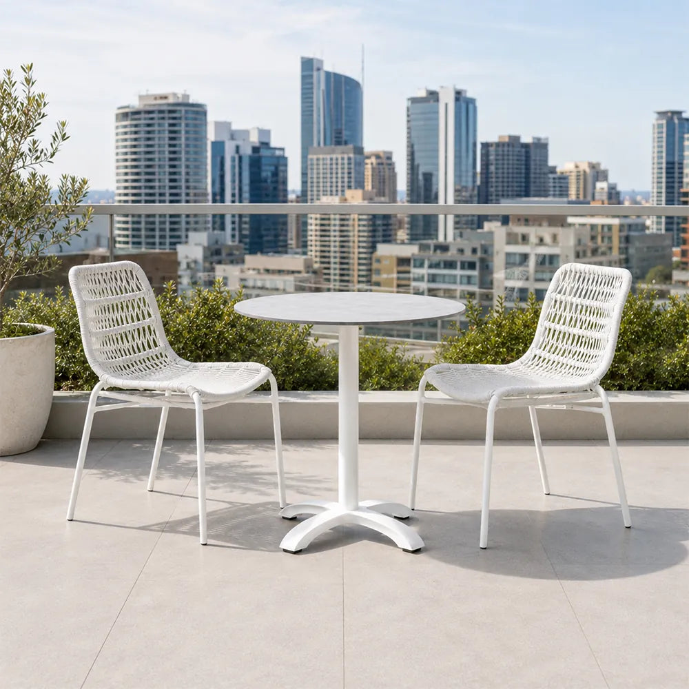 SOLARA Outdoor Bistro Set - 2 Armless Woven Chairs with Round Sintered Stone Table Modern Patio Furniture for Garden Leisure Spaces - White