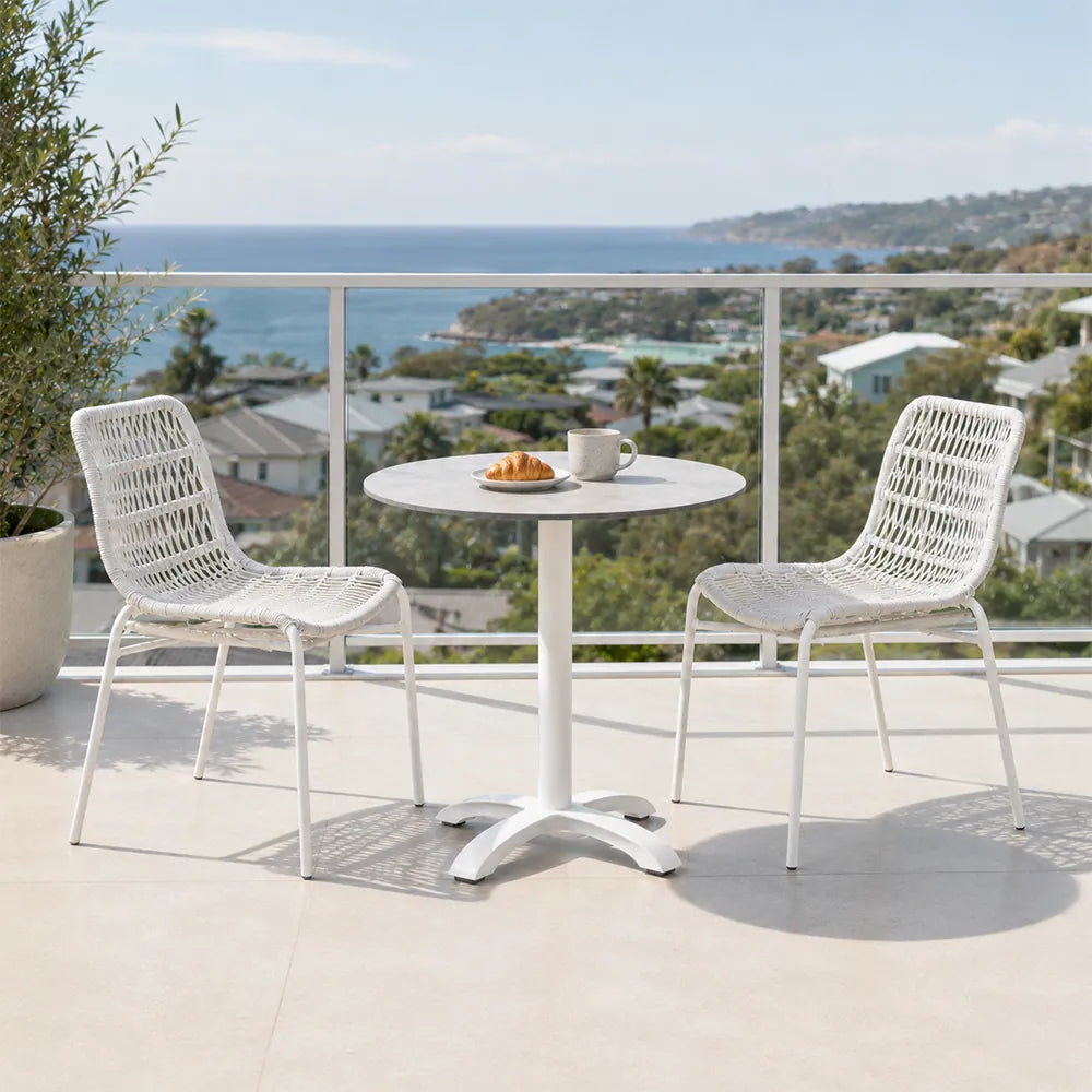 SOLARA Outdoor Bistro Set - 2 Armless Woven Chairs with Round Sintered Stone Table Modern Patio Furniture for Garden Leisure Spaces - White