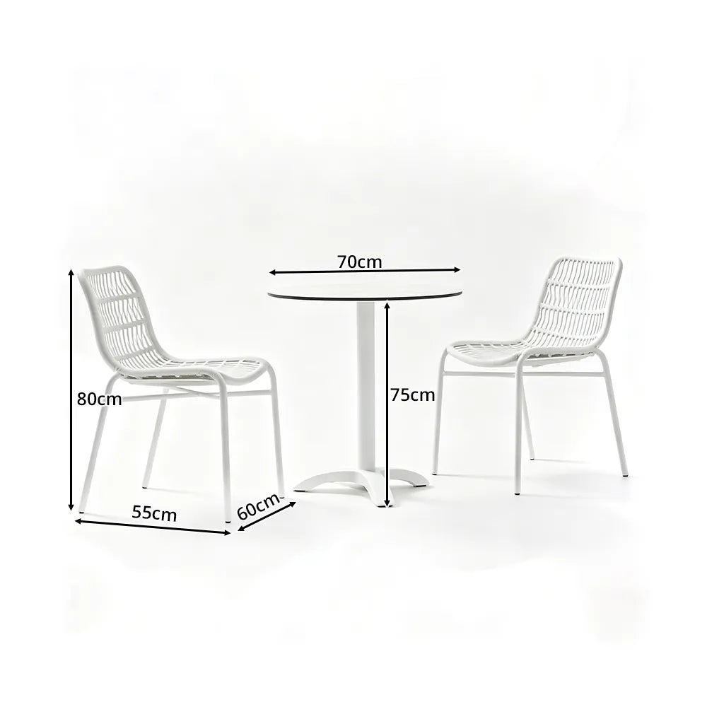 SOLARA Outdoor Bistro Set - 2 Armless Woven Chairs with Round Sintered Stone Table Modern Patio Furniture for Garden Leisure Spaces - White
