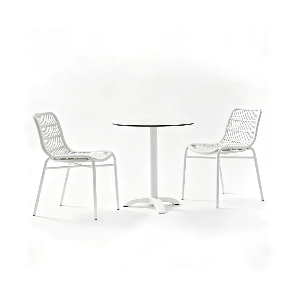 SOLARA Outdoor Bistro Set - 2 Armless Woven Chairs with Round Sintered Stone Table Modern Patio Furniture for Garden Leisure Spaces - White