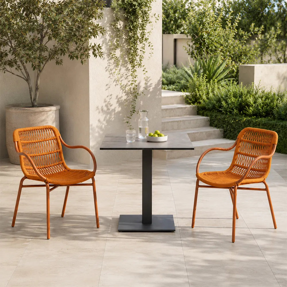 SOLARA Outdoor Bistro Set - 2 Armless Woven Chairs with Round Sintered Stone Table Modern Patio Furniture for Garden Leisure Spaces - Orange
