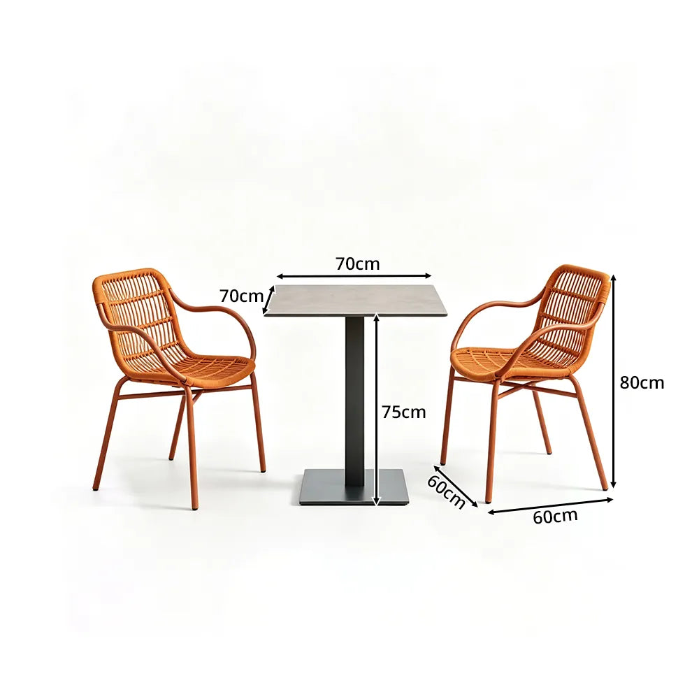 SOLARA Outdoor Bistro Set - 2 Armless Woven Chairs with Round Sintered Stone Table Modern Patio Furniture for Garden Leisure Spaces - Orange