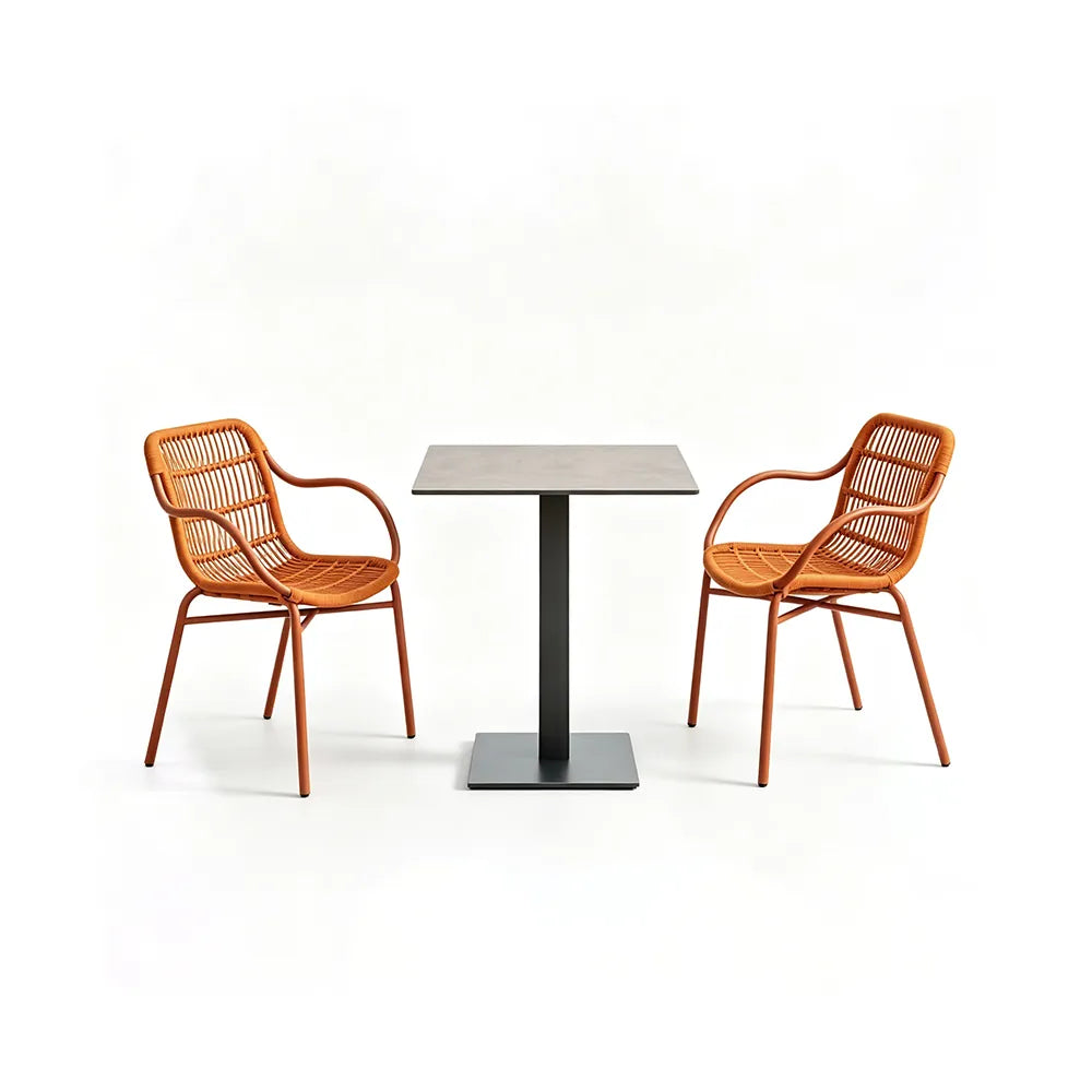 SOLARA Outdoor Bistro Set - 2 Armless Woven Chairs with Round Sintered Stone Table Modern Patio Furniture for Garden Leisure Spaces - Orange